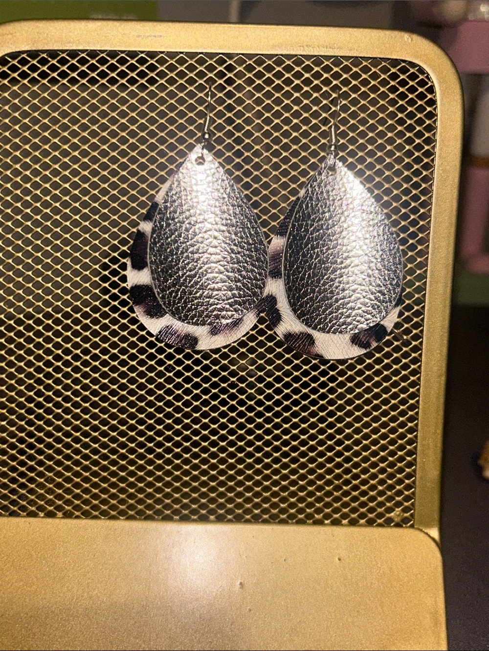 Silver and Black Leopard Teardrop Earrings